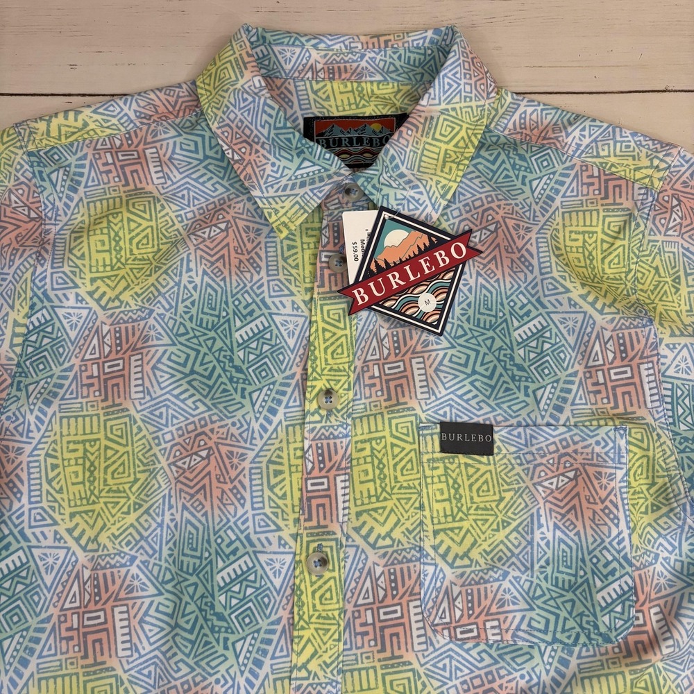 Burlebo Performance Button-Up Shirt Mens M Multicolor Geometric Short Sleeve
